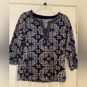Pretty navy and white petite Small 3/4 sleeve top with silver studded neckline